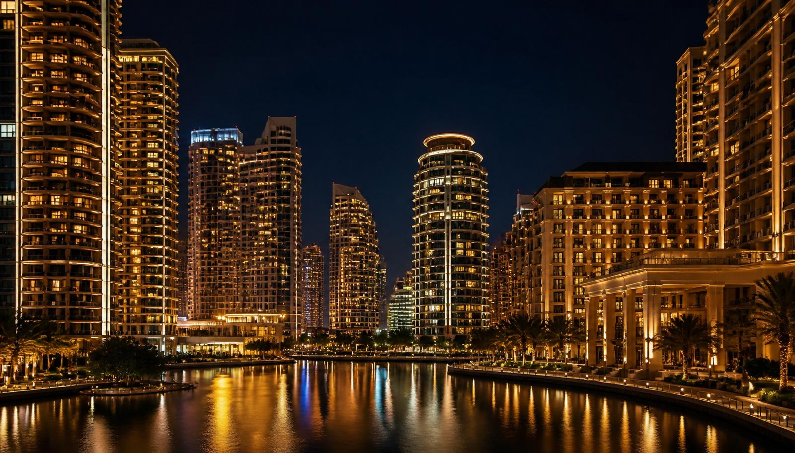 Luxurious illuminated hotel and residential towers at night
